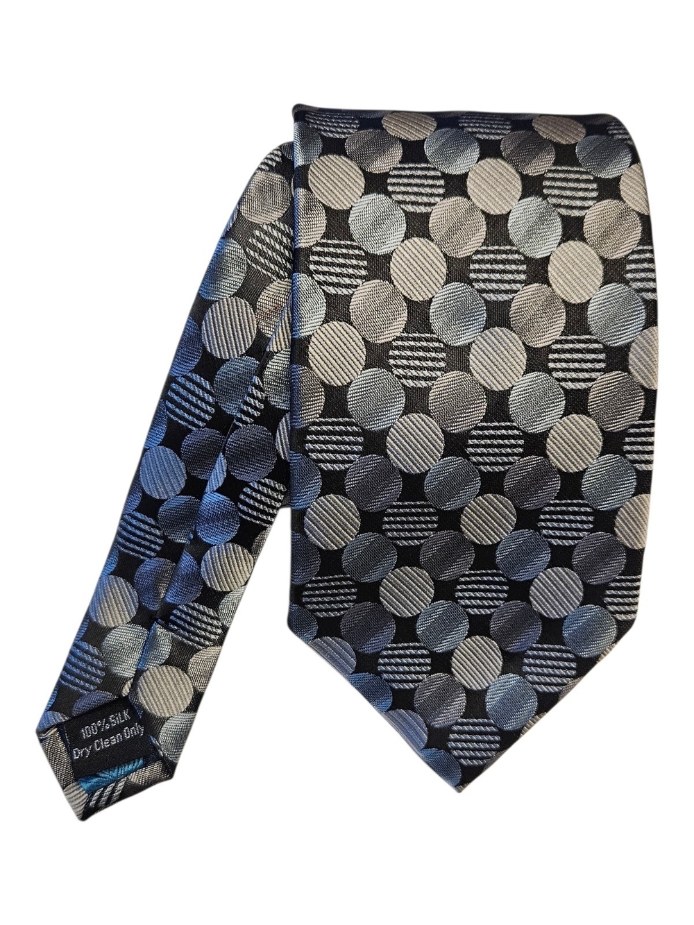 Montebello Italia 100% Silk Geometric Circle Necktie - Black, Blue & Silver